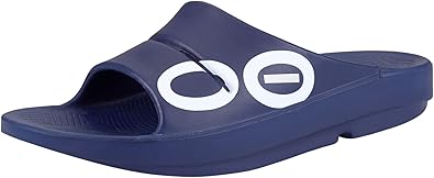 OOFOS OOahh Sport Slide Sandal, Navy White - MenÔÇÖs Size 8, WomenÔÇÖs Size 10 - Lightweight Recovery Footwear - Reduces Stress on Feet, Joints & Back - Machine Washable - Hand-Painted Graphics