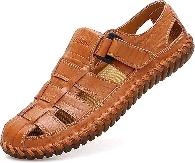 Qiucdzi Mens Sport Sandals Breathable Outdoor Fisherman Shoes Adjustable Closed Toe Summer Leather Loafters