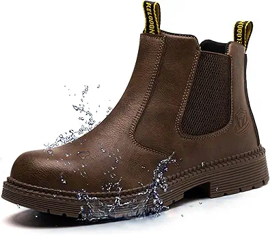 Waterproof Steel Toe Boots For Men-6 Inch Leather Slip On Safety Work Boots Mens Steel Toe Shoes Indestructible Non Slip Resistant Ankle Industrial Construction Boot