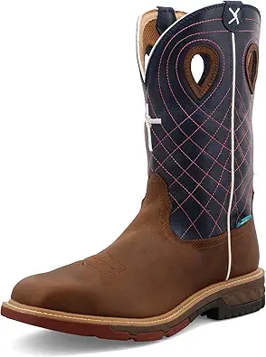 Twisted X Men's 12" Alloy Toe Waterproof Western Work Boot ÔÇô Full-Grain Leather, CellStretch Comfort, EH Rated, Oil & Slip Resistant, ASTM F2413-18, Square Toe, Mocha & Navy, 8.5 Medium