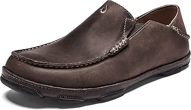 OLUKAI Moloa Men's Premium Leather Shoes, Easy Slip On & Off Design, Casual & Versatile Loafer, Drop-in Heel & Enhanced Traction, Dk Wood/Dk Java, 12