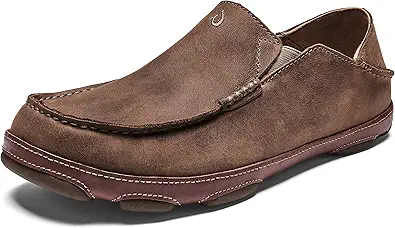 OLUKAI Moloa Men's Premium Leather Shoes, Easy Slip On & Off Design, Casual & Versatile Loafer, Drop-in Heel & Enhanced Traction, Ray/Toffee, 10